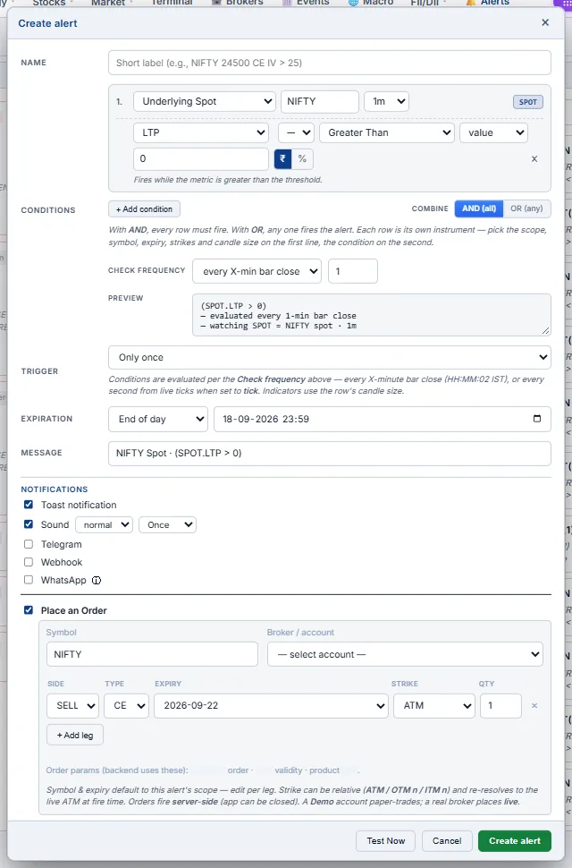 Place an Order section of an alert